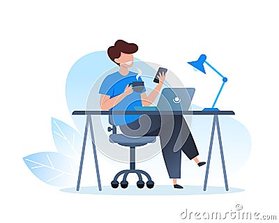 A man works at a laptop and drinks coffee. Home office, freelance and online training Vector Illustration